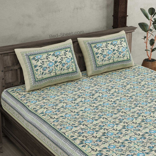 Floral Elegance Green Pure Cotton Double Bedsheet