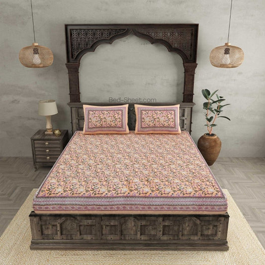 Floral Elegance Peach Pure Cotton Double Bedsheet