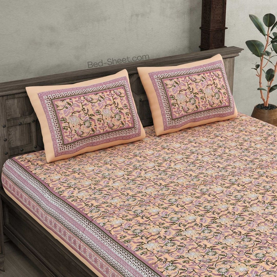 Floral Elegance Peach Pure Cotton Double Bedsheet