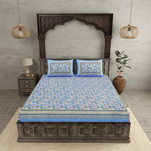 Floral Elegance Blue Pure Cotton Double Bedsheet