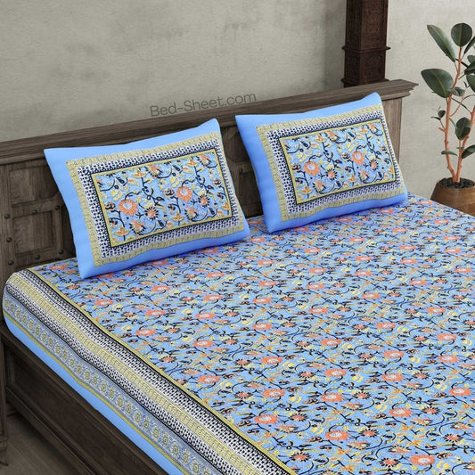 Floral Elegance Blue Pure Cotton Double Bedsheet