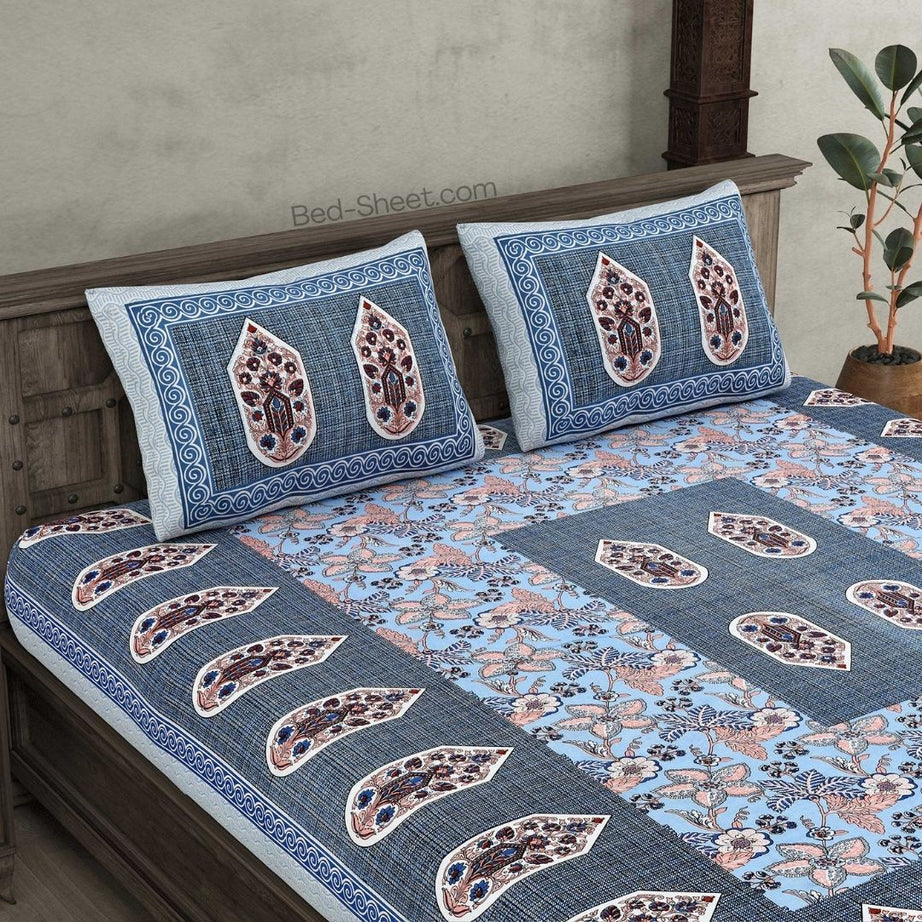 Hawa Mahal Grace Blue Pure Cotton Double Bedsheet