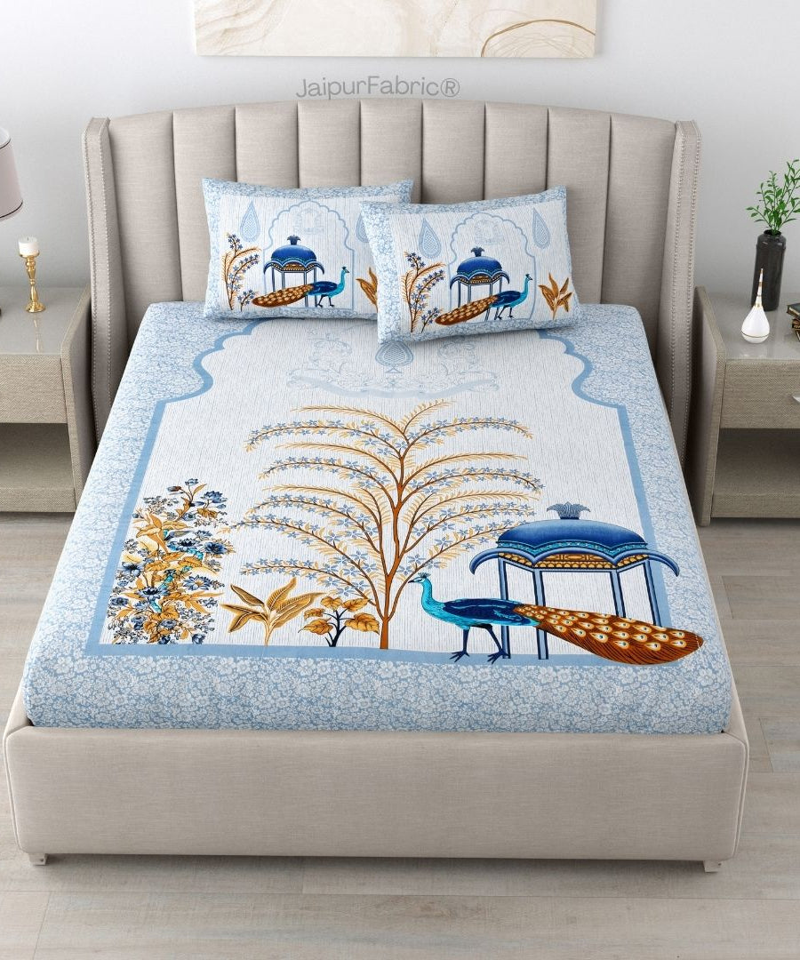 Classic Peacock Bliss Pure Cotton Azure Gold Double Bedsheet