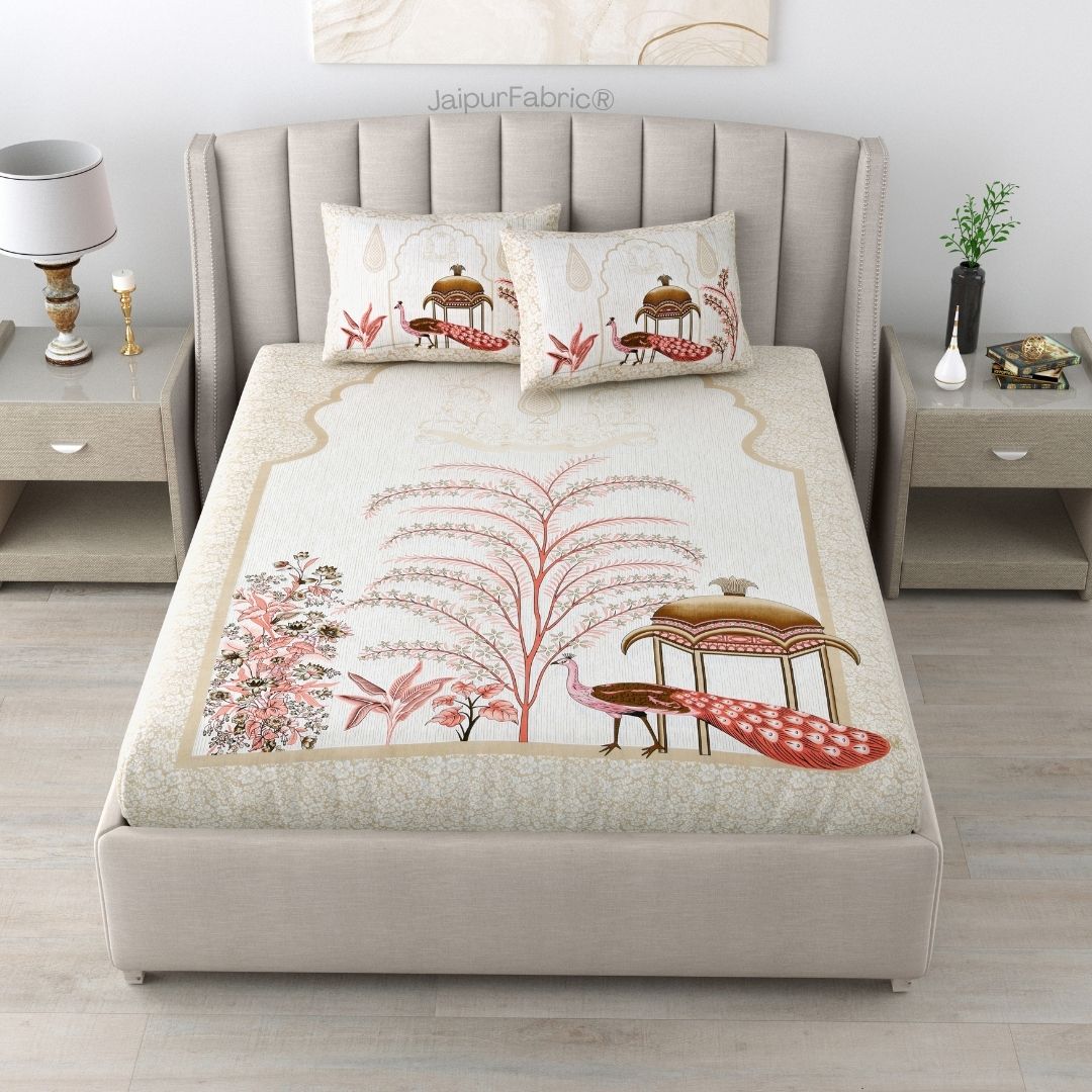 Classic Peacock Bliss Pure Cotton Rose Gold Double Bedsheet