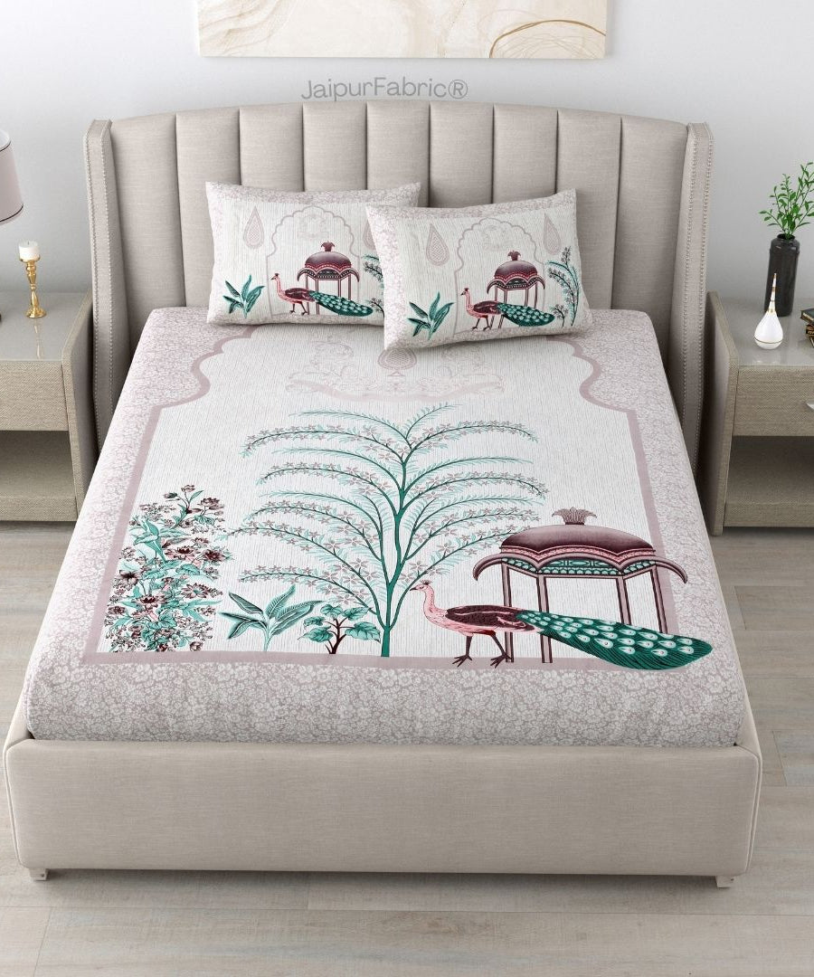 Classic Peacock Bliss Pure Cotton Mint Blush Double Bedsheet