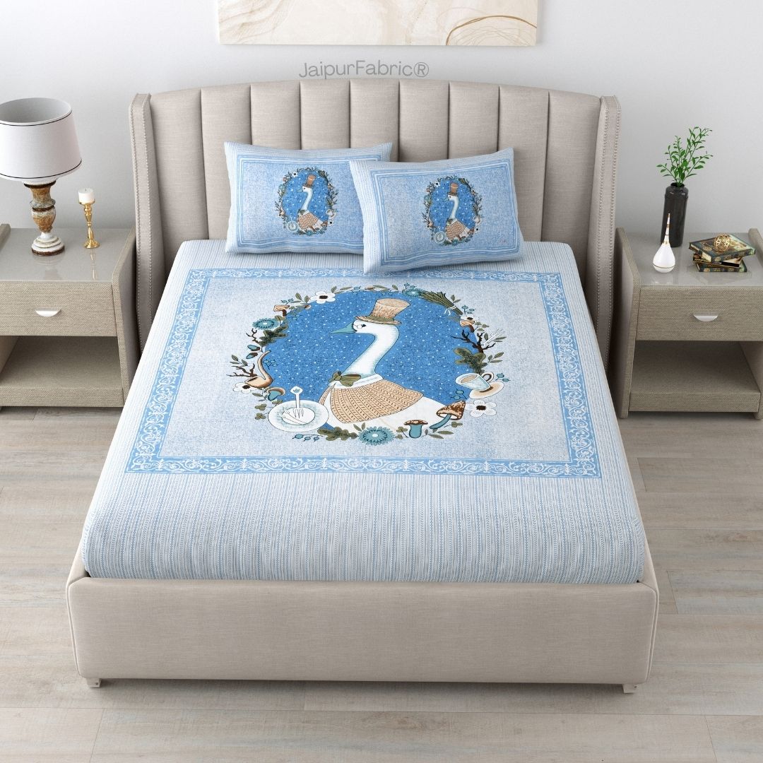 Charming Goose Blue Pure Cotton Double Bedsheet