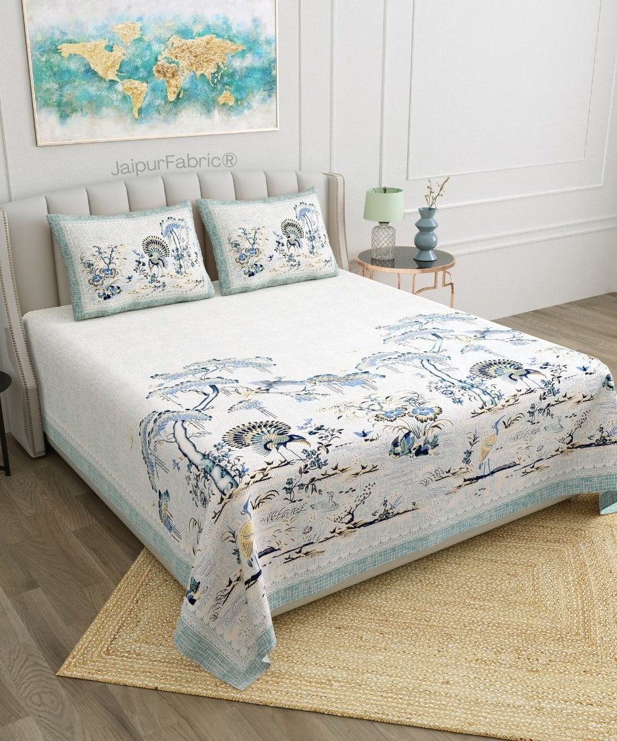 Peacock Paradise Blue Pure Cotton Double Bedsheet