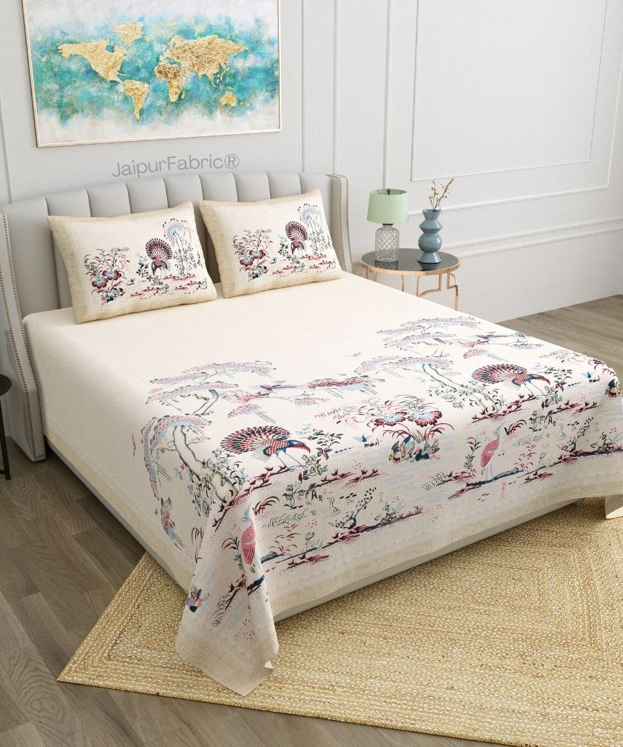 Peacock Paradise Blush Pure Cotton Double Bedsheet
