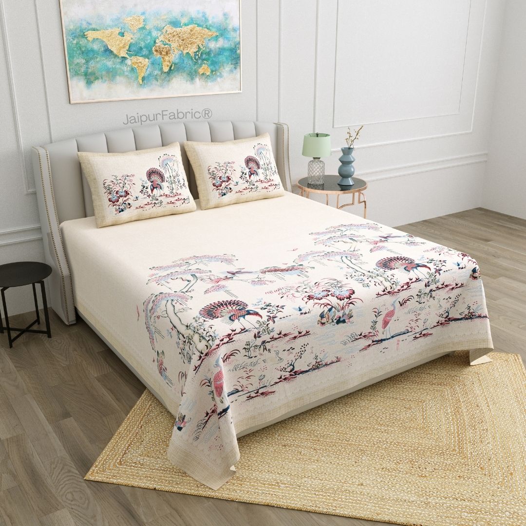 Peacock Paradise Blush Pure Cotton Double Bedsheet