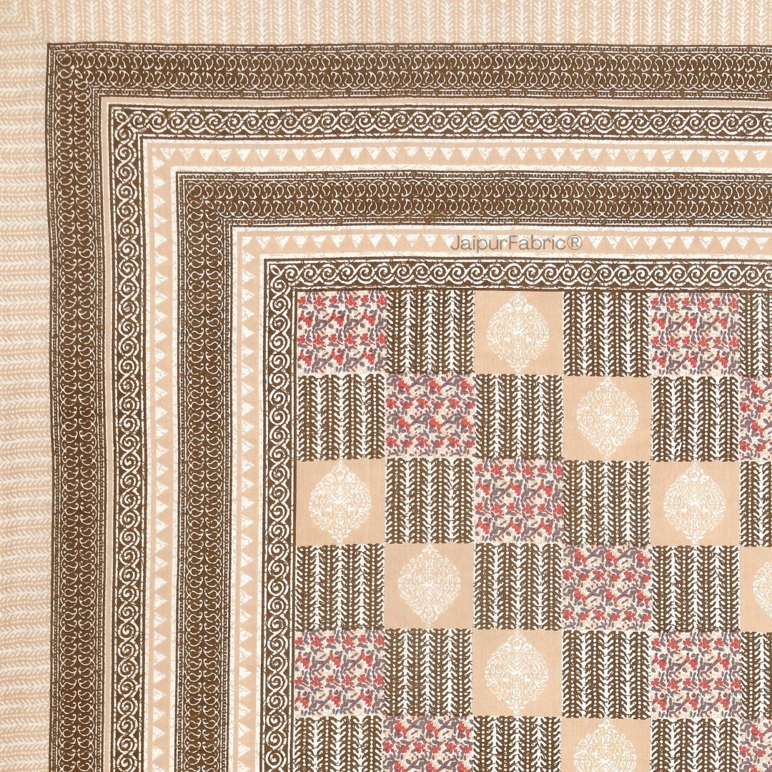 Classic Beige Striped Check Pure Cotton Double Bedsheet