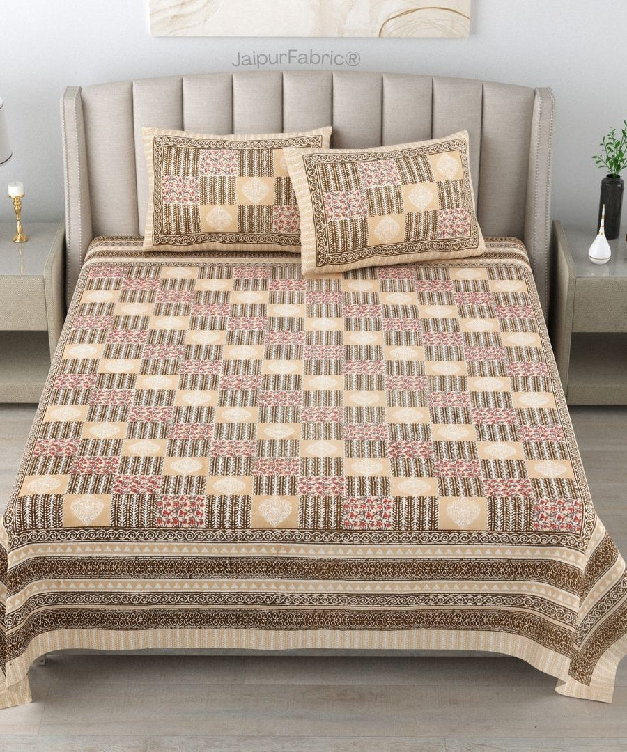 Classic Beige Striped Check Pure Cotton Double Bedsheet