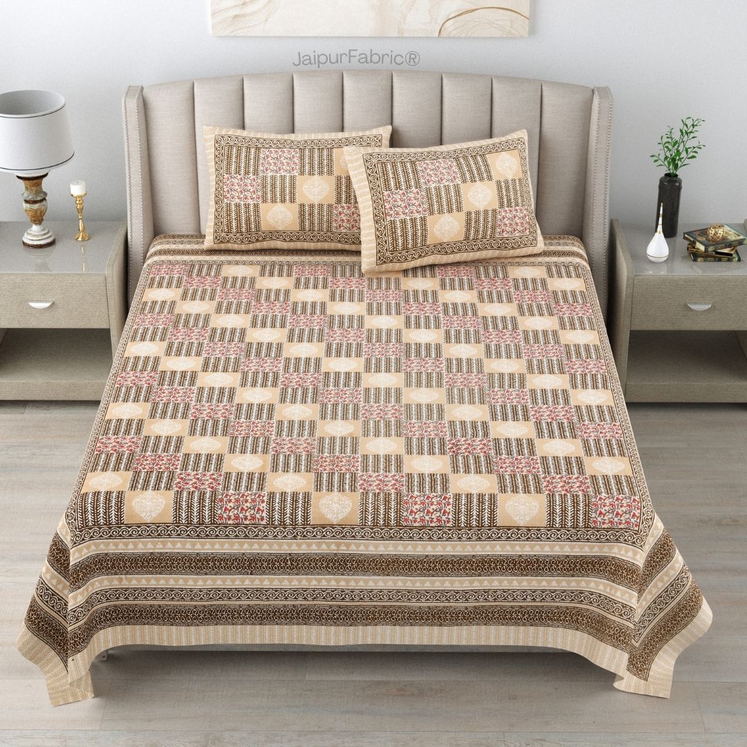 Classic Beige Striped Check Pure Cotton Double Bedsheet