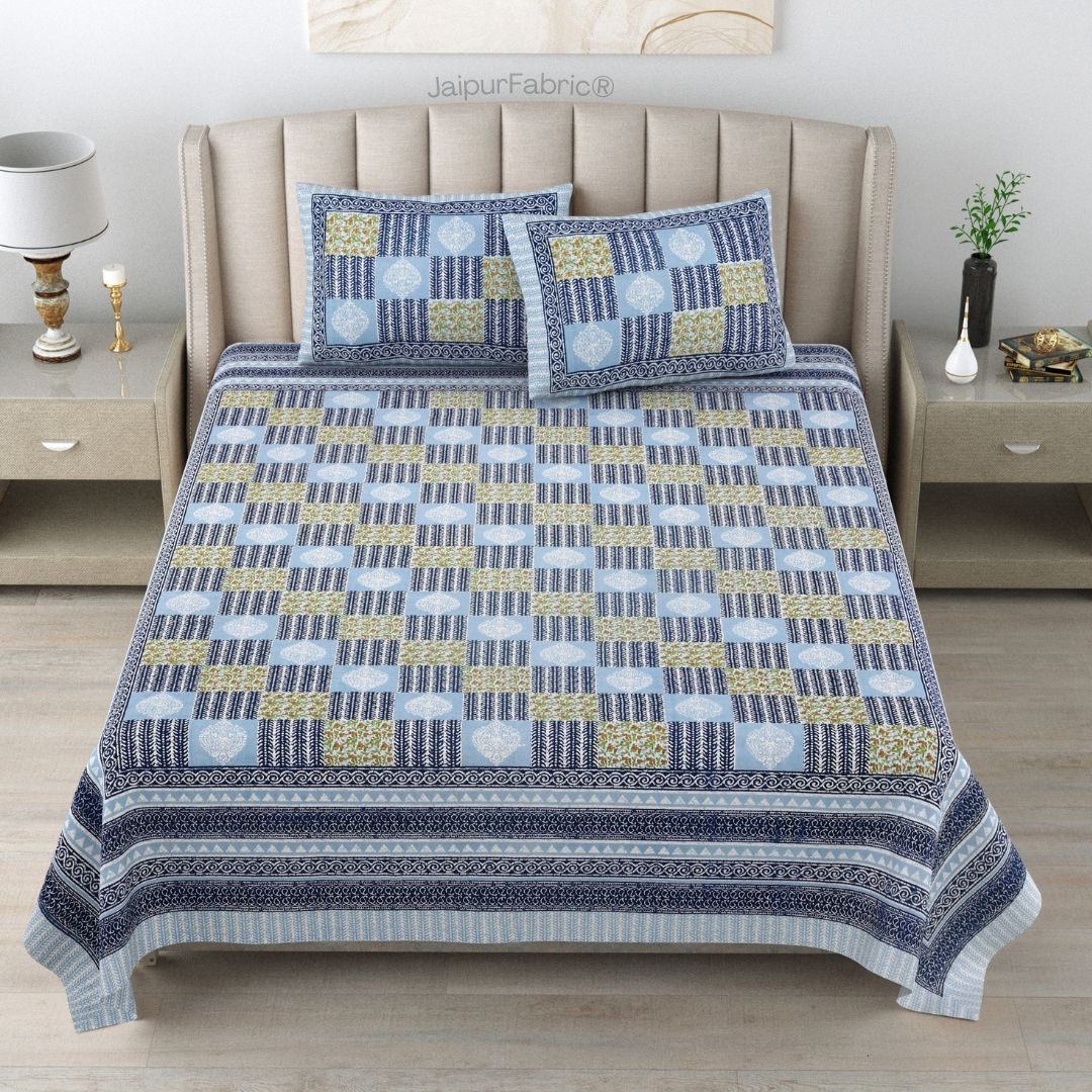 Fresh Blue Striped Check Pure Cotton Double Bedsheet