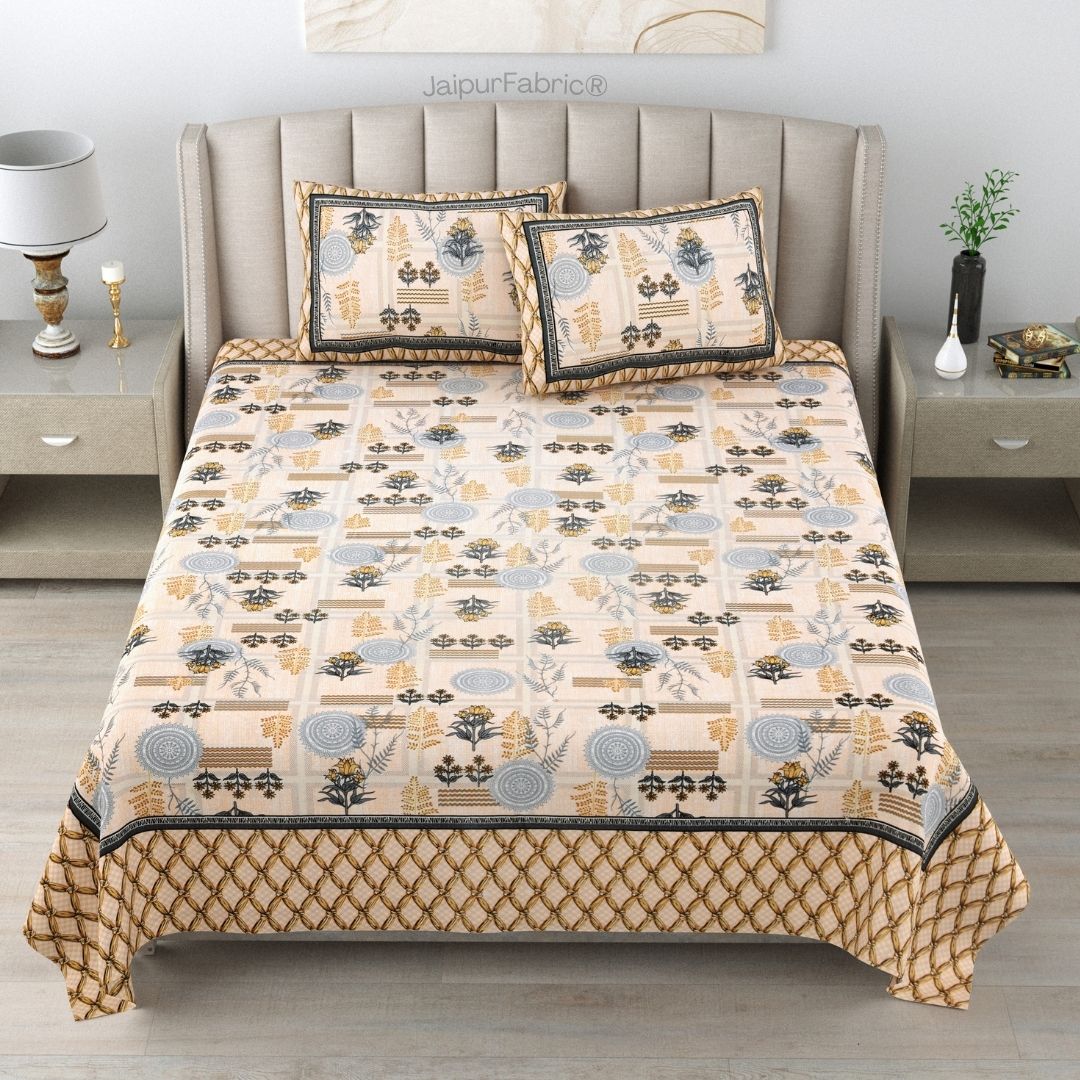 Soft Pastel Check Golden Beige Pure Cotton Double Bedsheet