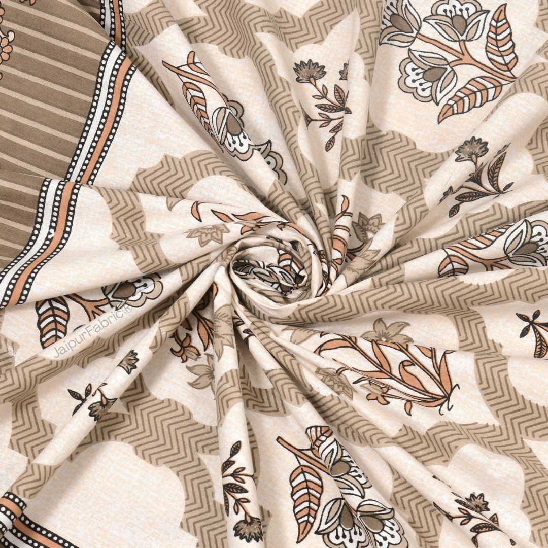 Timeless Biege and Brown Floral Block Print Pure Cotton Double Bedsheet