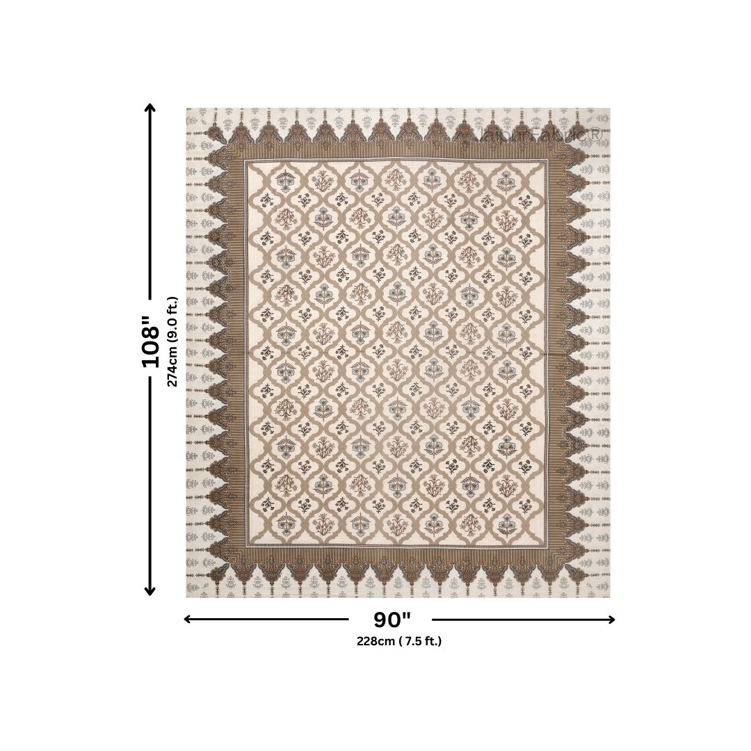 Timeless Biege and Brown Floral Block Print Pure Cotton Double Bedsheet