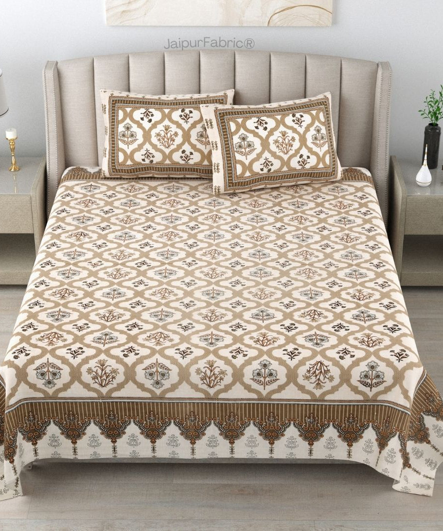 Timeless Biege and Brown Floral Block Print Pure Cotton Double Bedsheet