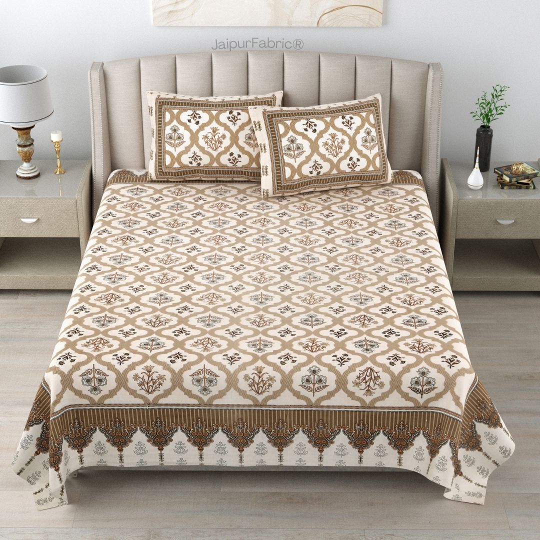 Timeless Biege and Brown Floral Block Print Pure Cotton Double Bedsheet