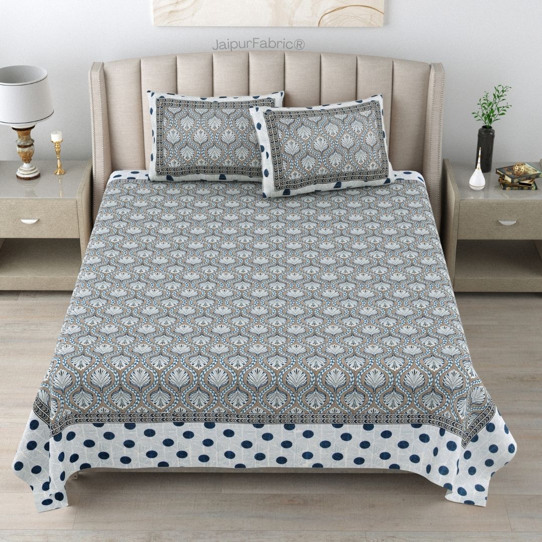 Charming Grey and Blue Polka Dot Pure Cotton Double Bedsheet
