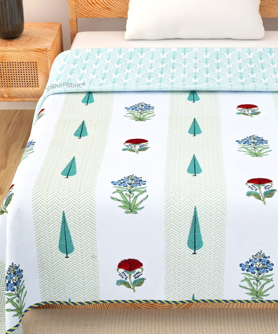 Tropical Myst Block Print 400 TC Pure Premium MulMul Cotton Single Bed Dohar