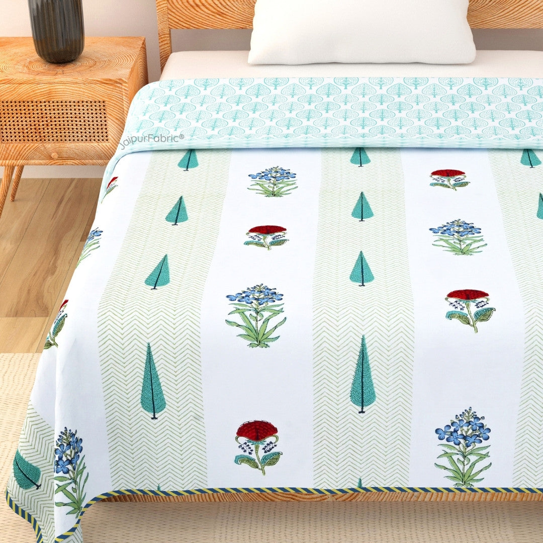 Tropical Myst Block Print 400 TC Pure Premium MulMul Cotton Single Bed Dohar