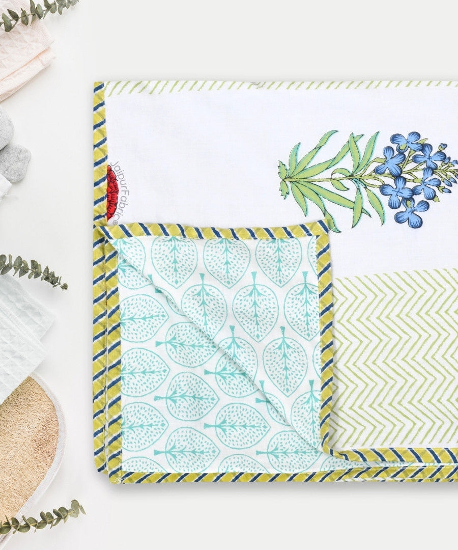 Tropical Myst Block Print 400 TC Pure Premium MulMul Cotton Single Bed Dohar