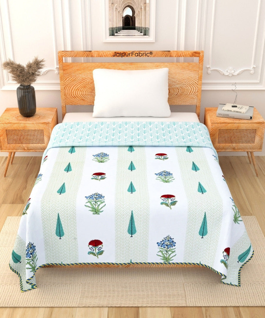 Tropical Myst Block Print 400 TC Pure Premium MulMul Cotton Single Bed Dohar