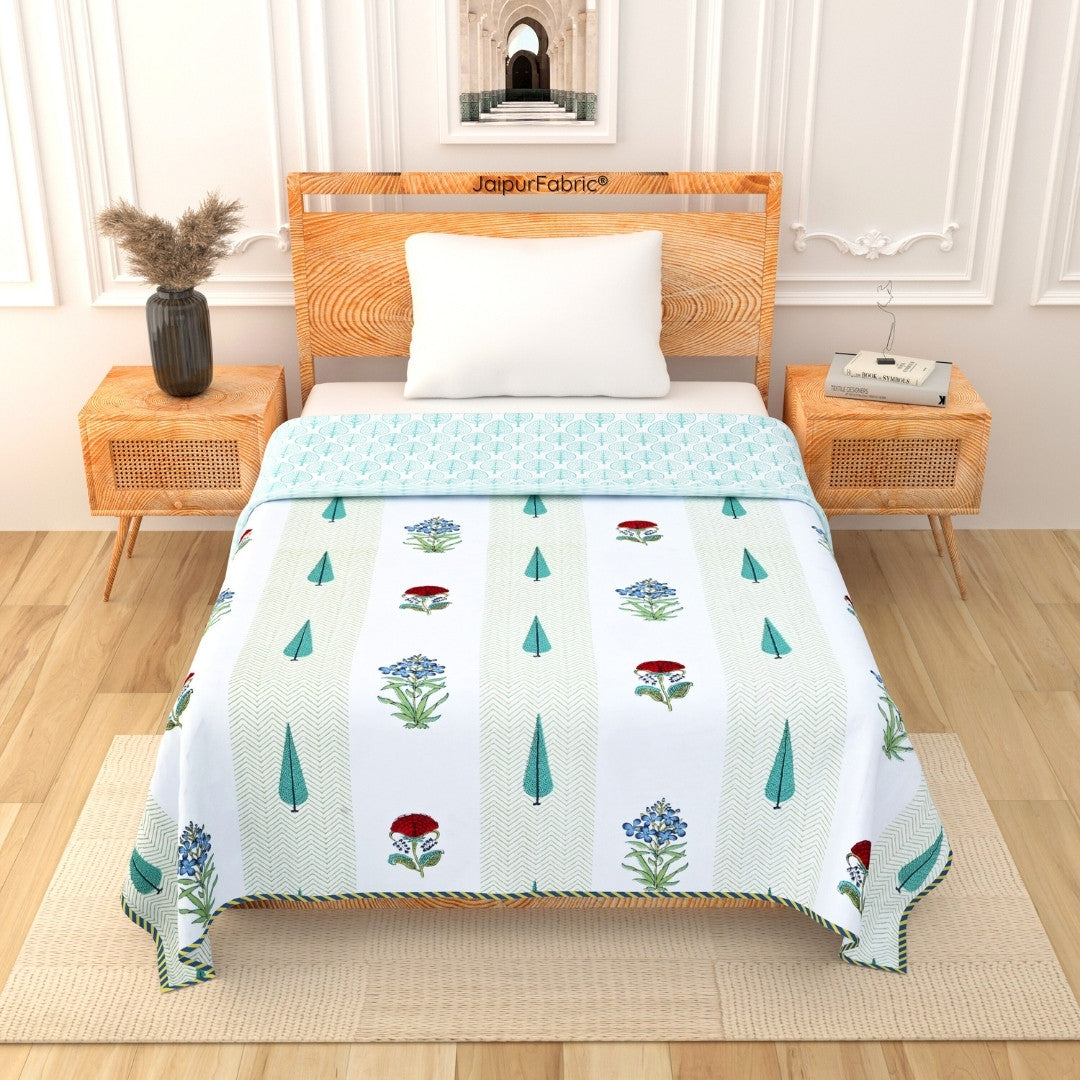 Tropical Myst Block Print 400 TC Pure Premium MulMul Cotton Single Bed Dohar