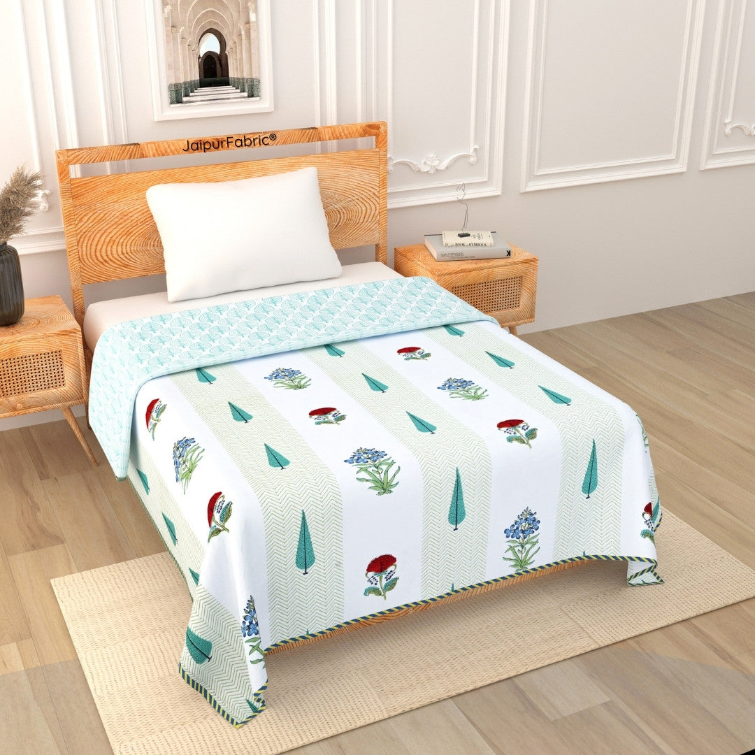 Tropical Myst Block Print 400 TC Pure Premium MulMul Cotton Single Bed Dohar
