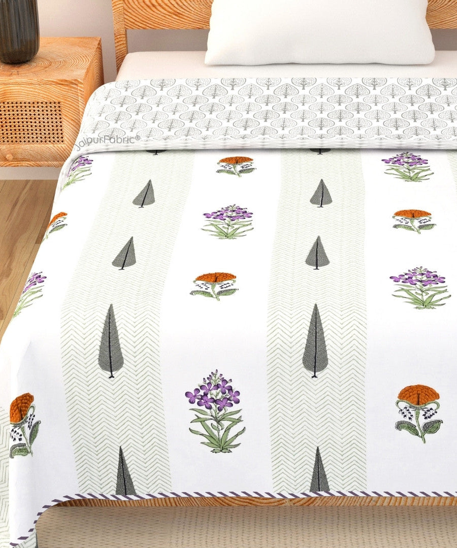 Tropical Ash Block Print 400 TC Pure Premium MulMul Cotton Single Bed Dohar