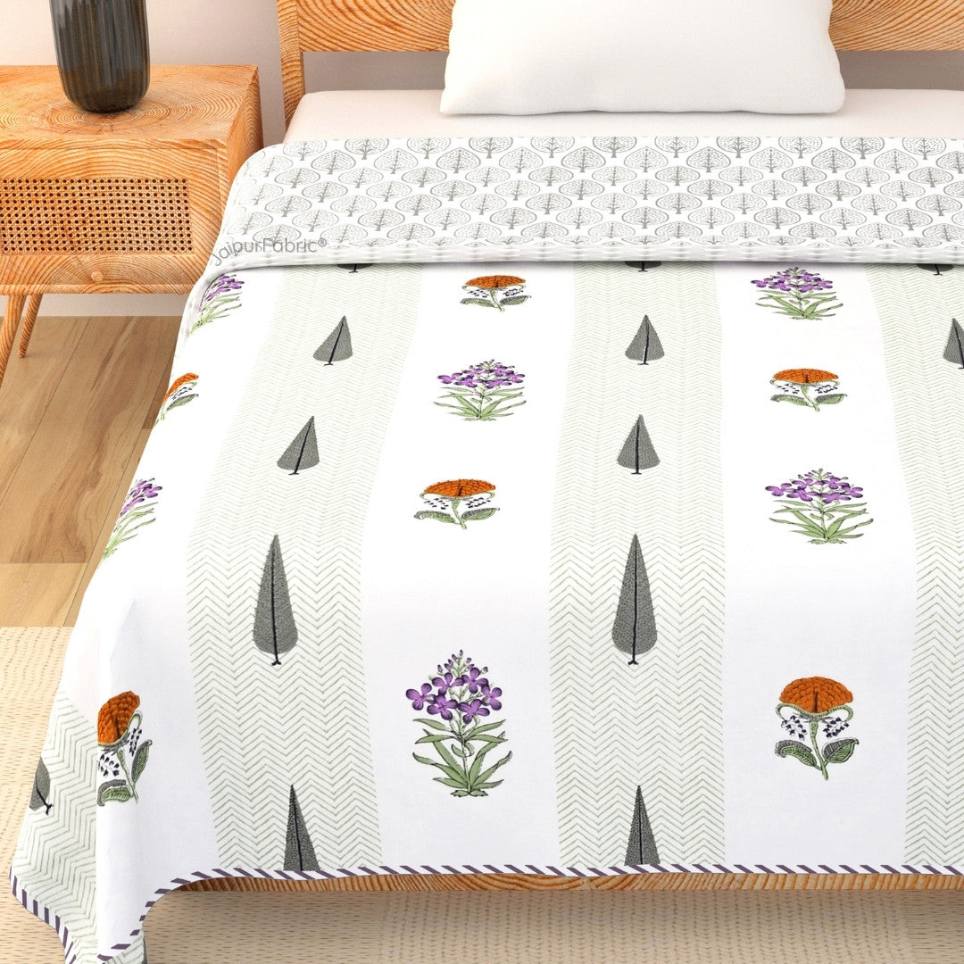 Tropical Ash Block Print 400 TC Pure Premium MulMul Cotton Single Bed Dohar