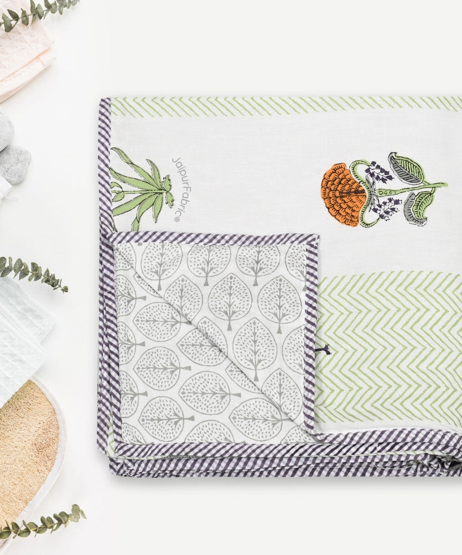 Tropical Ash Block Print 400 TC Pure Premium MulMul Cotton Single Bed Dohar