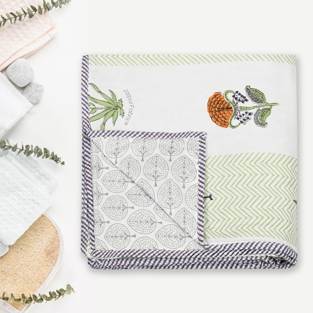 Tropical Ash Block Print 400 TC Pure Premium MulMul Cotton Single Bed Dohar