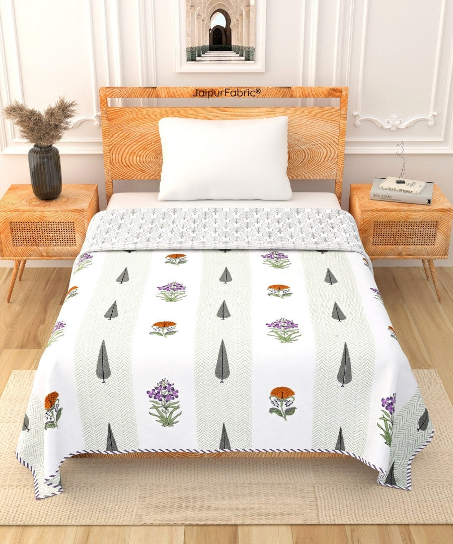 Tropical Ash Block Print 400 TC Pure Premium MulMul Cotton Single Bed Dohar