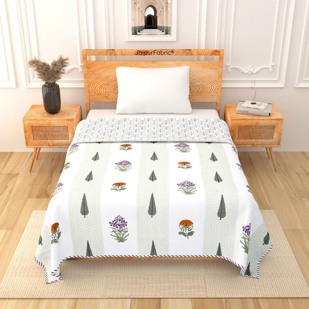 Tropical Ash Block Print 400 TC Pure Premium MulMul Cotton Single Bed Dohar