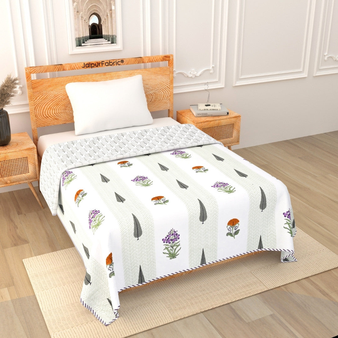 Tropical Ash Block Print 400 TC Pure Premium MulMul Cotton Single Bed Dohar