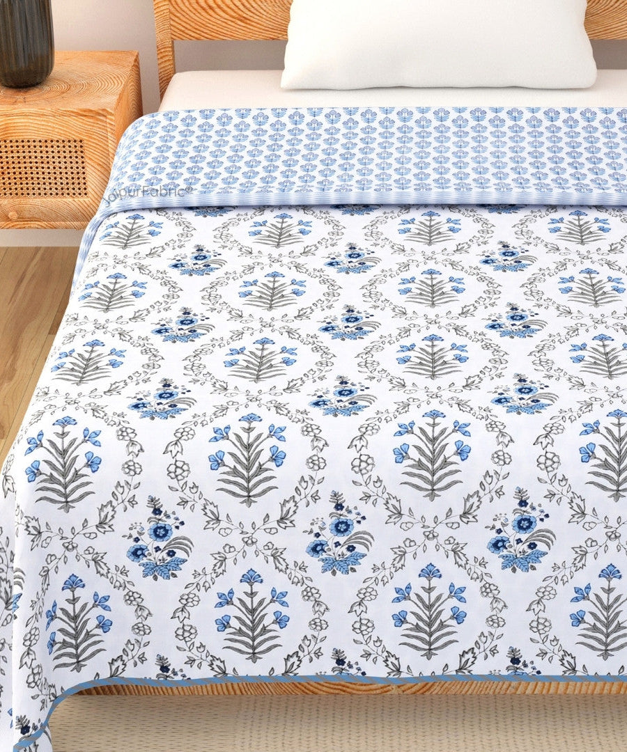 Nebulous Blue Block Print 400 TC Pure Premium MulMul Cotton Single Bed Dohar