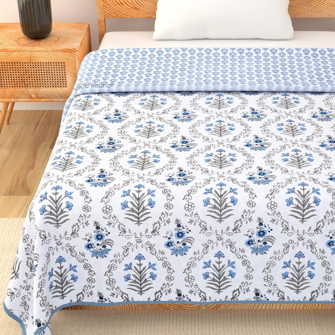 Nebulous Blue Block Print 400 TC Pure Premium MulMul Cotton Single Bed Dohar