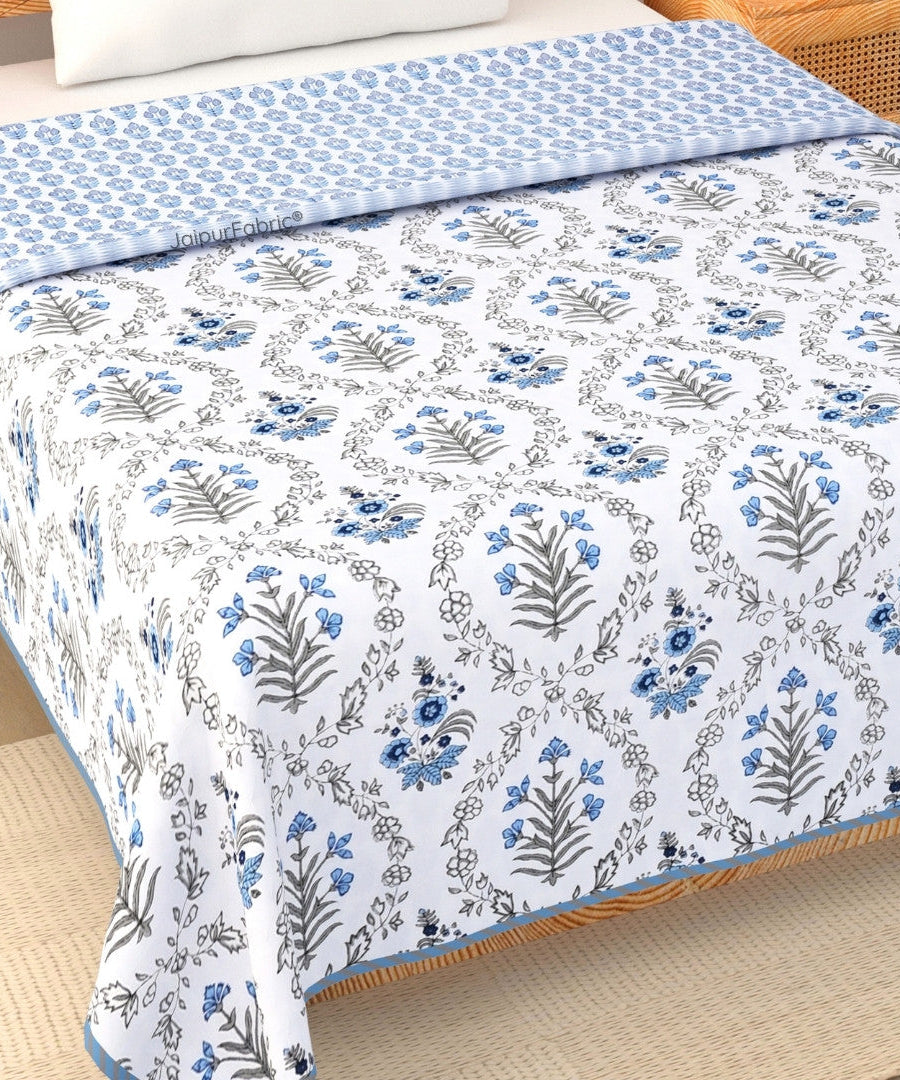 Nebulous Blue Block Print 400 TC Pure Premium MulMul Cotton Single Bed Dohar