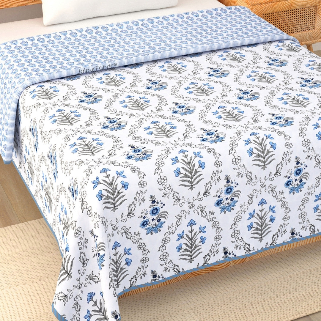 Nebulous Blue Block Print 400 TC Pure Premium MulMul Cotton Single Bed Dohar