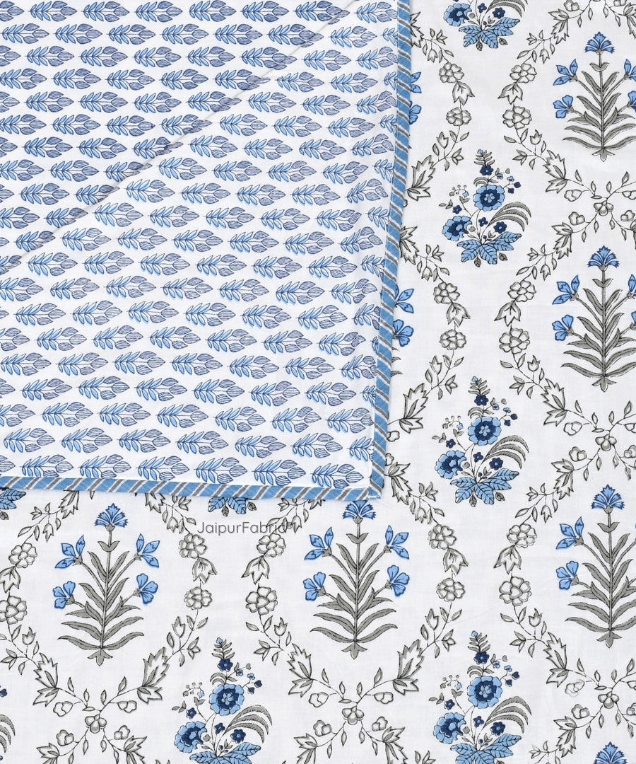 Nebulous Blue Block Print 400 TC Pure Premium MulMul Cotton Single Bed Dohar