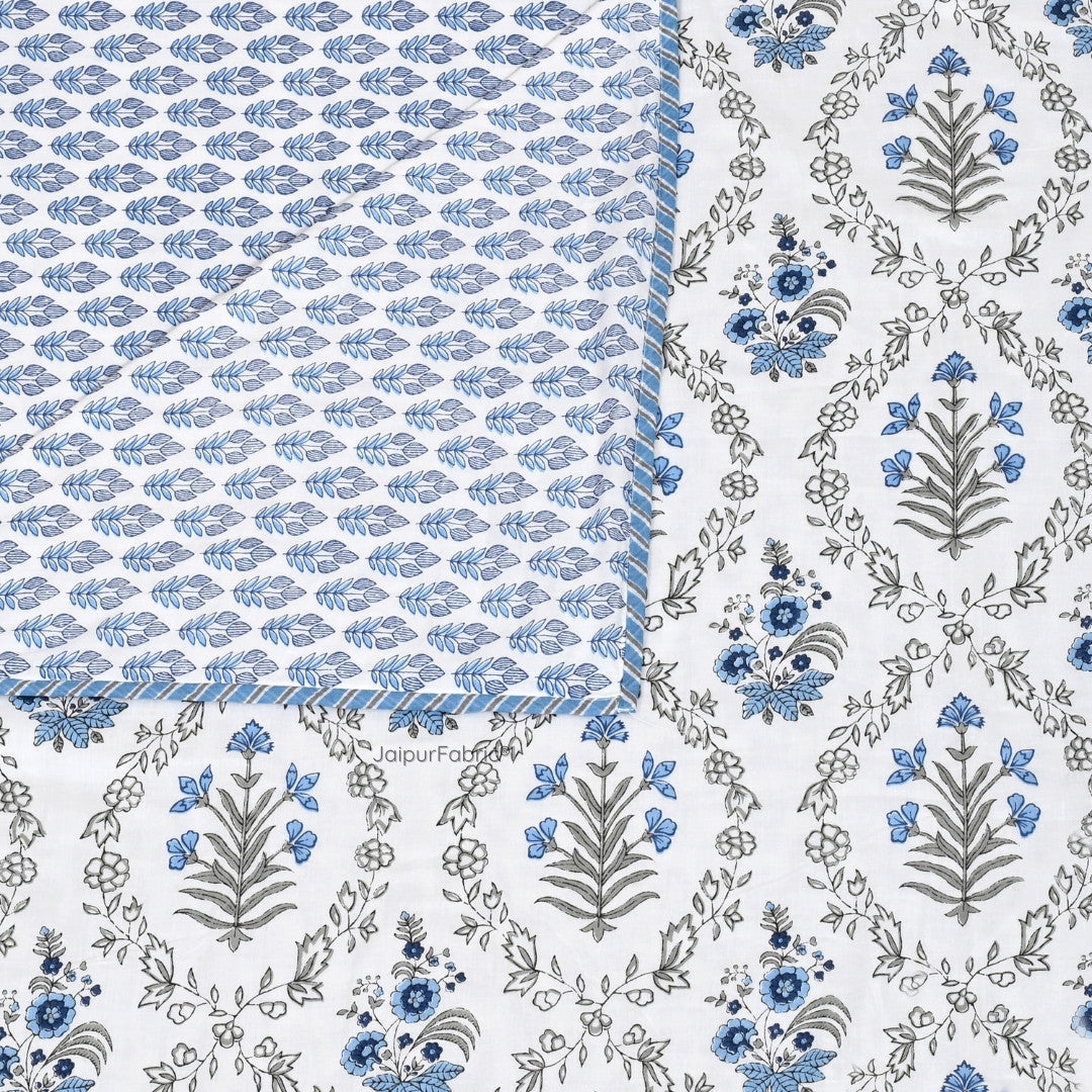 Nebulous Blue Block Print 400 TC Pure Premium MulMul Cotton Single Bed Dohar