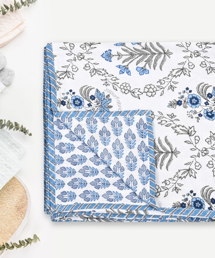 Nebulous Blue Block Print 400 TC Pure Premium MulMul Cotton Single Bed Dohar