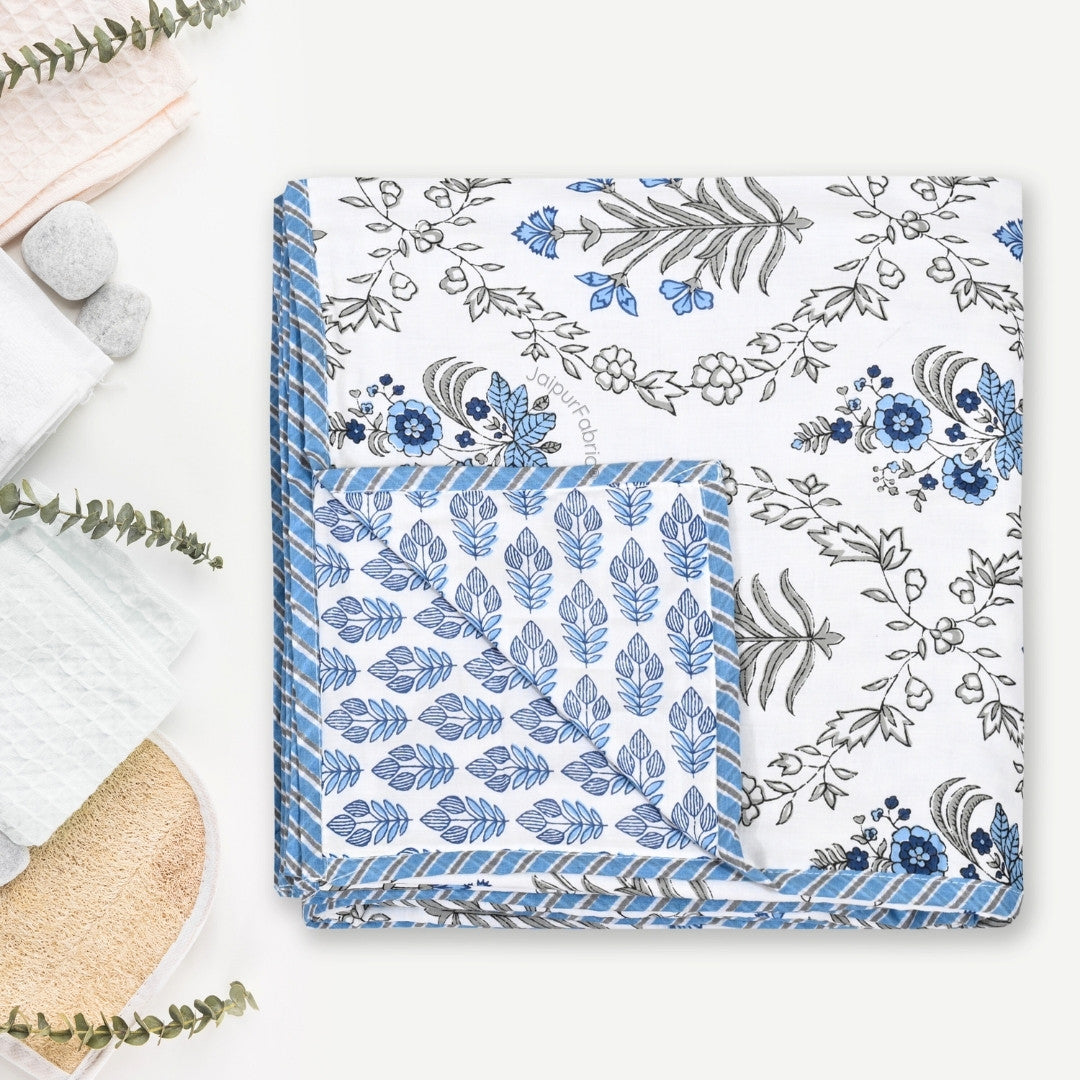 Nebulous Blue Block Print 400 TC Pure Premium MulMul Cotton Single Bed Dohar