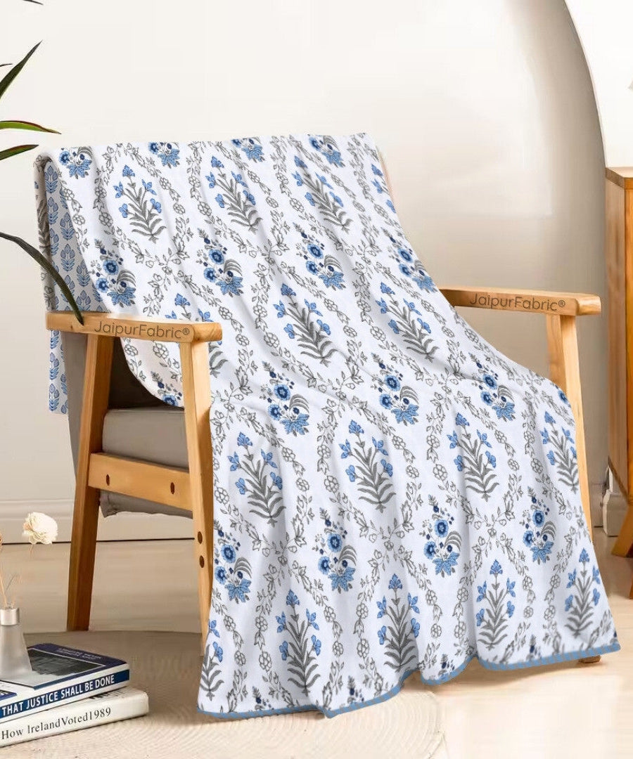 Nebulous Blue Block Print 400 TC Pure Premium MulMul Cotton Single Bed Dohar