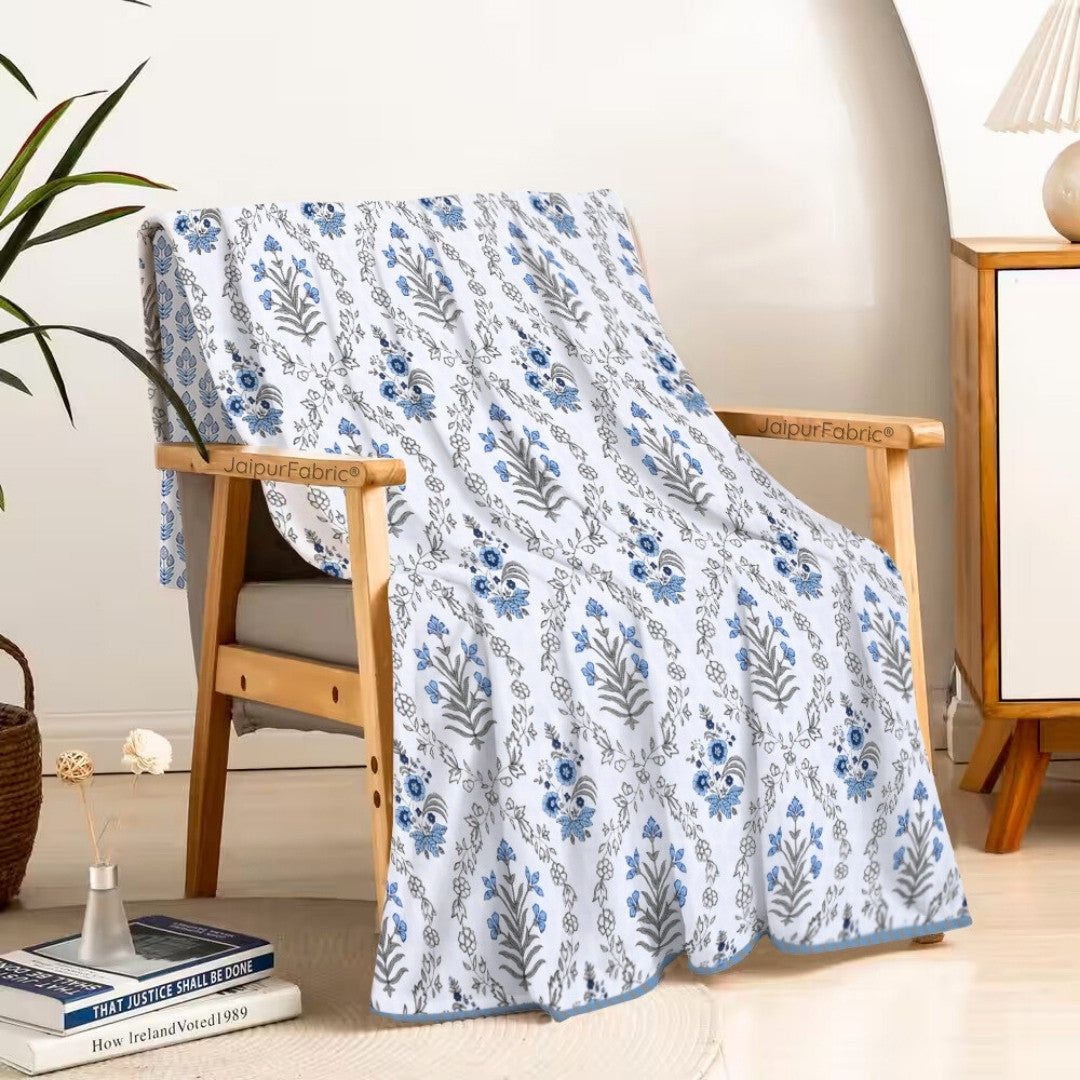 Nebulous Blue Block Print 400 TC Pure Premium MulMul Cotton Single Bed Dohar