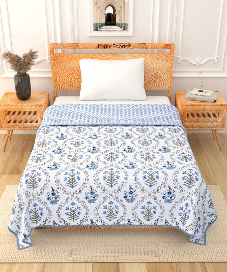 Nebulous Blue Block Print 400 TC Pure Premium MulMul Cotton Single Bed Dohar