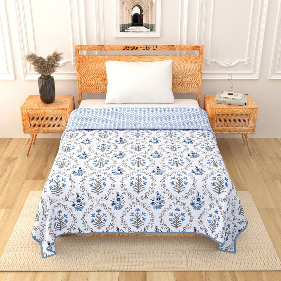 Nebulous Blue Block Print 400 TC Pure Premium MulMul Cotton Single Bed Dohar