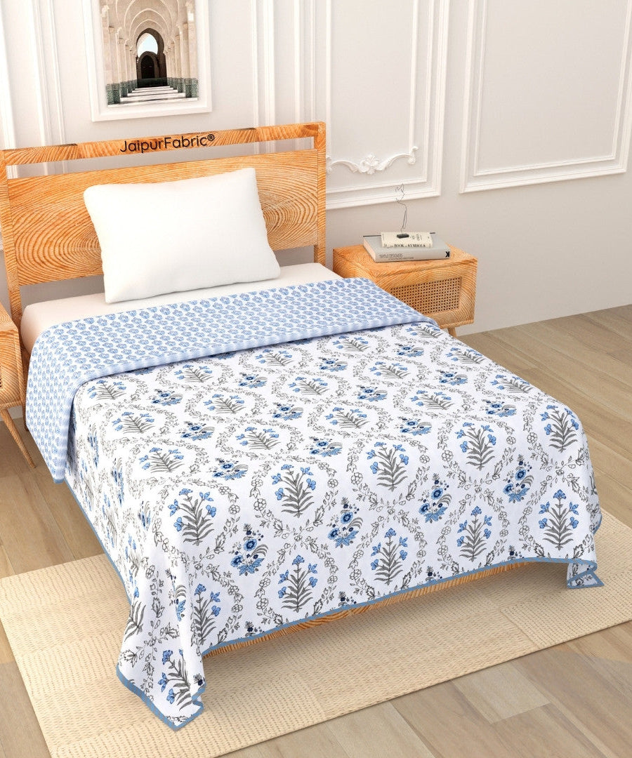 Nebulous Blue Block Print 400 TC Pure Premium MulMul Cotton Single Bed Dohar
