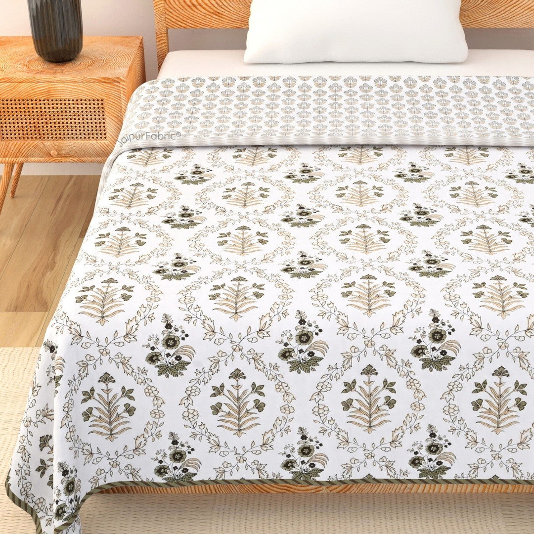 Nebulous Green Block Print 400 TC Pure Premium MulMul Cotton Single Bed Dohar
